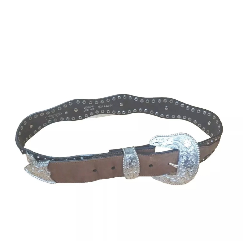 Nocona Hair On Hide Leather Belt  Conchos Rhinestone Bling Brown Woman M Western